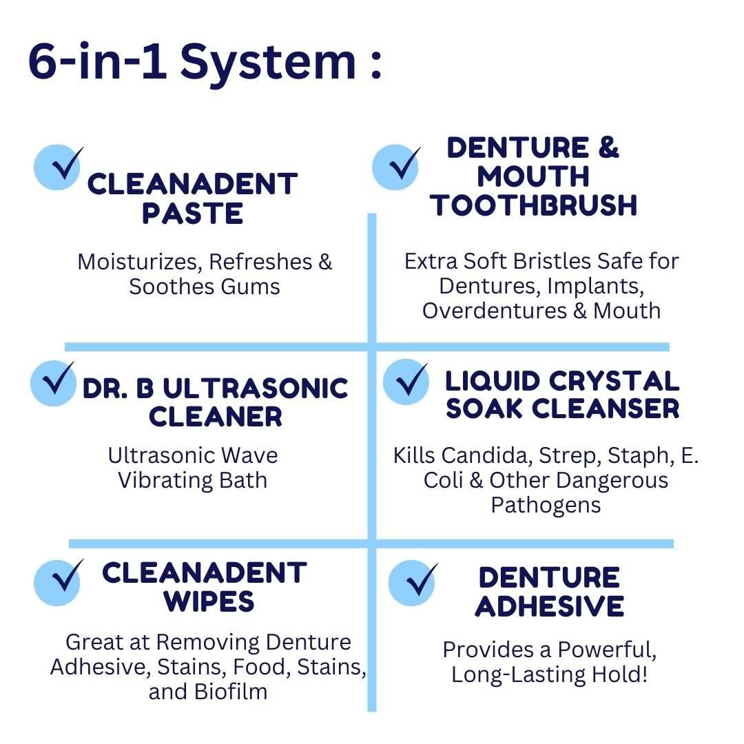 Denture Starter Kit - Dr. B Dental Solutions daily denture care system denture adhesive, soak cleanser, ultrasonic & more 6