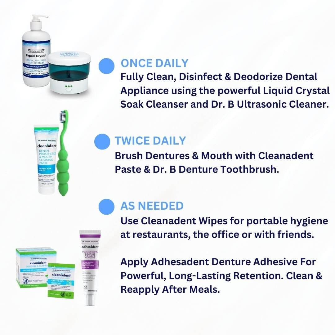 Denture Starter Kit - Dr. B Dental Solutions daily denture care system denture adhesive, soak cleanser, ultrasonic & more 5