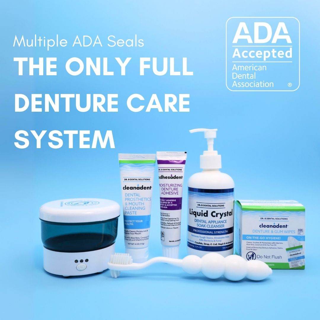 Denture Starter Kit - Dr. B Dental Solutions daily denture care system denture adhesive, soak cleanser, ultrasonic & more 2