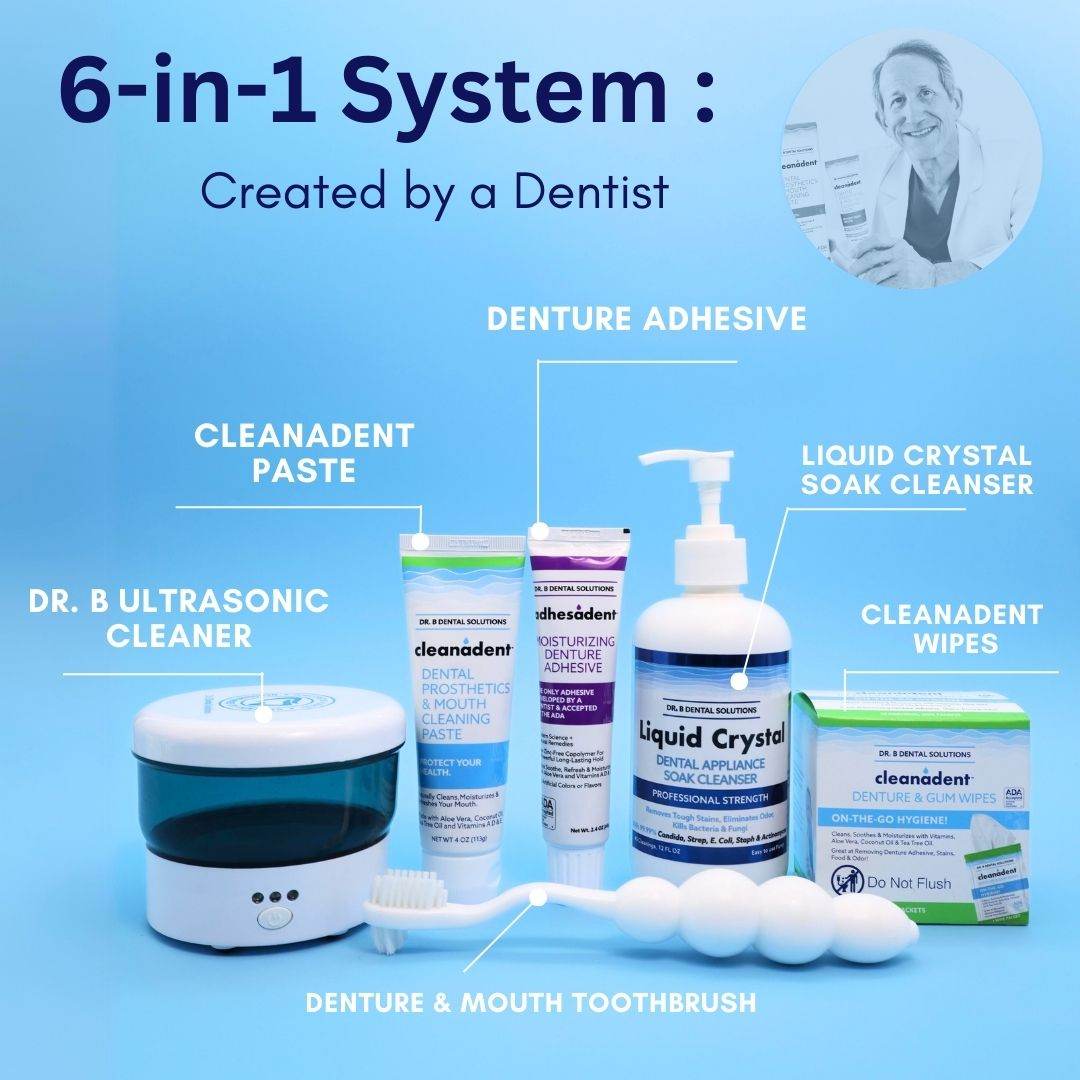 Denture Starter Kit - Dr. B Dental Solutions daily denture care system denture adhesive, soak cleanser, ultrasonic & more 3