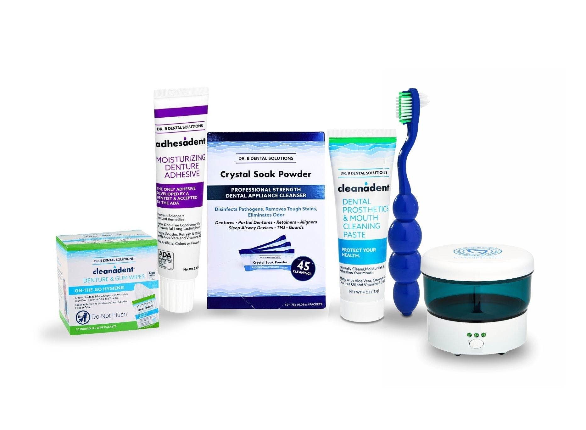 Denture Starter Kit - Dr. B Dental Solutions daily denture care system denture adhesive, soak cleanser, ultrasonic & more 17