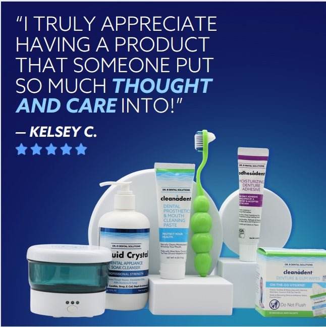 Denture Starter Kit - Dr. B Dental Solutions daily denture care system denture adhesive, soak cleanser, ultrasonic & more 18