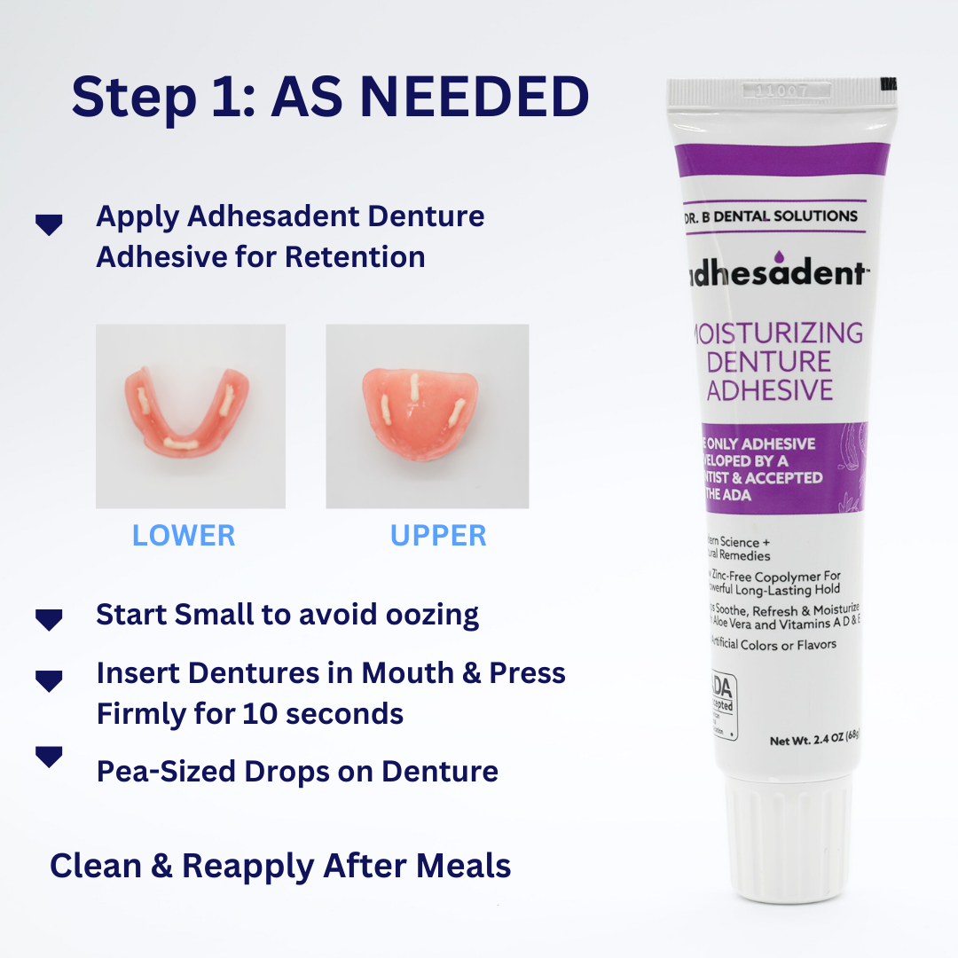 Dr. B Dental Solutions Adhesadent - Adhesivo hidratante para dentaduras  postizas, pegamento seguro para dentaduras con agarre fuerte y sabor  natural