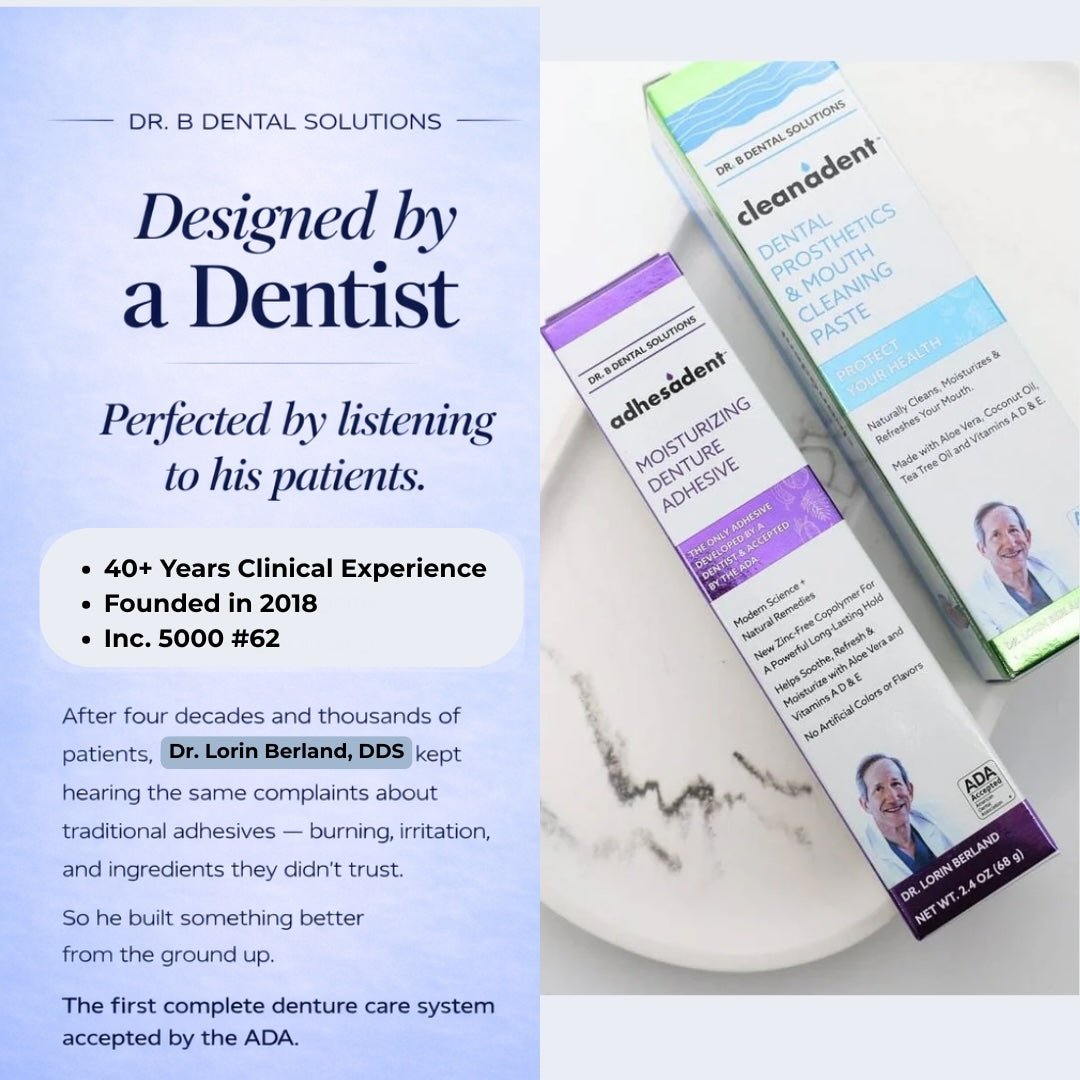 Adhesadent Moisturizing Denture Adhesive - Dr. B Dental SolutionsAdhesadent Moisturizing Denture AdhesiveAdhesadentDr B Dental SolutionsAD-003SingleAdhesadent and Cleanadent products designed by Dr. Lorin Berland DDS — 40 years clinical experience, founded 2018, Inc. 5000 62