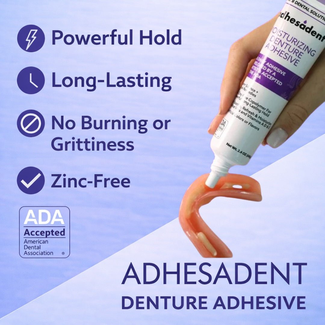 Adhesadent Moisturizing Denture Adhesive - Dr. B Dental SolutionsAdhesadent Moisturizing Denture AdhesiveAdhesadentDr B Dental SolutionsAD-003SingleAdhesadent denture adhesive benefits — powerful hold, long - lasting, no burning or grittiness, zinc - free, ADA Accepted