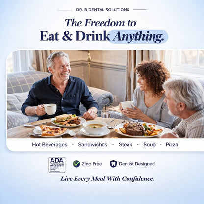 Adhesadent Moisturizing Denture Adhesive - Dr. B Dental SolutionsAdhesadent Moisturizing Denture AdhesiveAdhesadentDr B Dental SolutionsAD-003SinglePeople enjoying a meal confidently with Adhesadent denture adhesive — hot beverages, sandwiches, steak, soup and pizza