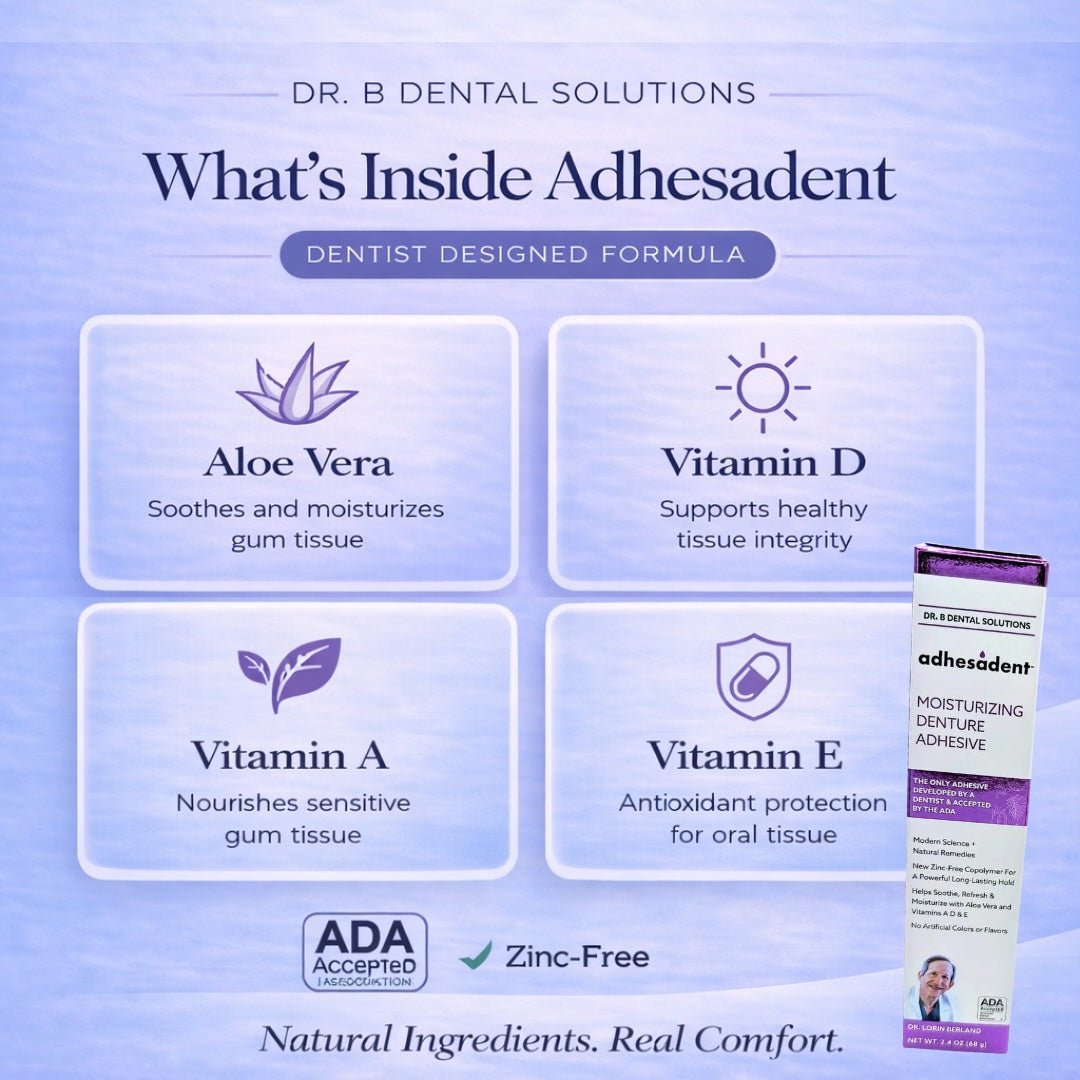 Adhesadent Moisturizing Denture Adhesive - Dr. B Dental SolutionsAdhesadent Moisturizing Denture AdhesiveAdhesadentDr B Dental SolutionsAD-003SingleAdhesadent key ingredients — aloe vera, vitamin A, vitamin D, and vitamin E for moisturizing denture adhesive formula