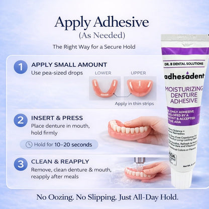 Adhesadent Moisturizing Denture Adhesive - Dr. B Dental SolutionsAdhesadent Moisturizing Denture AdhesiveAdhesadentDr B Dental SolutionsAD-003SingleHow to apply Adhesadent denture adhesive — step by step guide showing lower and upper denture application