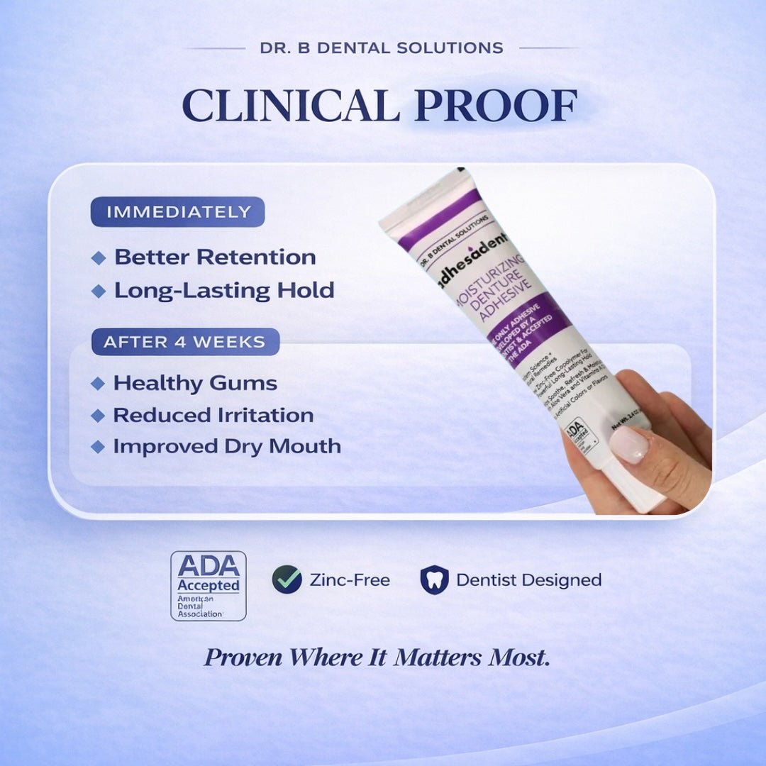Adhesadent Moisturizing Denture Adhesive - Dr. B Dental SolutionsAdhesadent Moisturizing Denture AdhesiveAdhesadentDr B Dental SolutionsAD-2Pack2 PackAdhesadent ADA Accepted clinical proof — immediate better retention and long - lasting hold